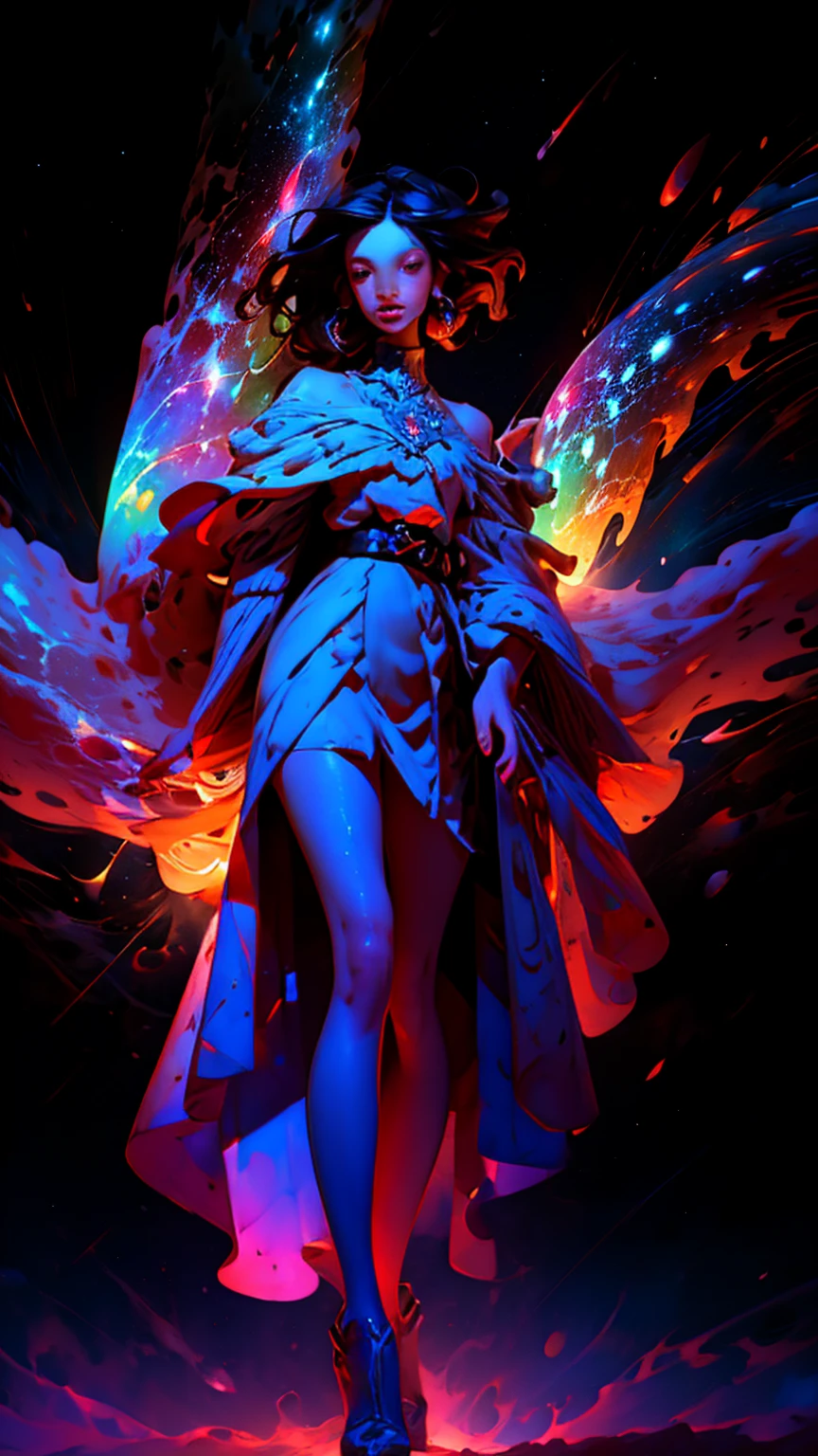 An ultra-realistic and ultra-detailed (Legendary Multicolored Psychedelic Masterpiece), ((HOLDING A BIG GORGEOUS, GLOWING, COLORFUL INFINITY ♾️ SYMBOL IN HER HANDS)), ((full body portrait)), (Dynamic Angle), best quality, (Angled View), 1girl, She is a Gorgeous Magical Alchemist, a very noble Caucasian lady, ringed silver eyes, Calm, half closed eyes, thin body, slim waist, small breasts, (bare legs), Awesome Black Hair, a confident smile, ((HOLDING A GORGEOUS COLORFUL RAINBOWLUMINESCENT GALAXY IN HER HANDS)), Celestial Star Map, highly detailed expensive wizard's skirt, beautiful, dramatic, backlighting, night, midnight, (Multitude Of Stars), beautiful fantastic night view, (ultra-detailed, finely detailed beautiful eyes and face), high resolution, 8k UHD, perfect anatomy, perfect fingers, Highly detailed scenery, Highly detailed background, perspective, depth of field, atmospheric