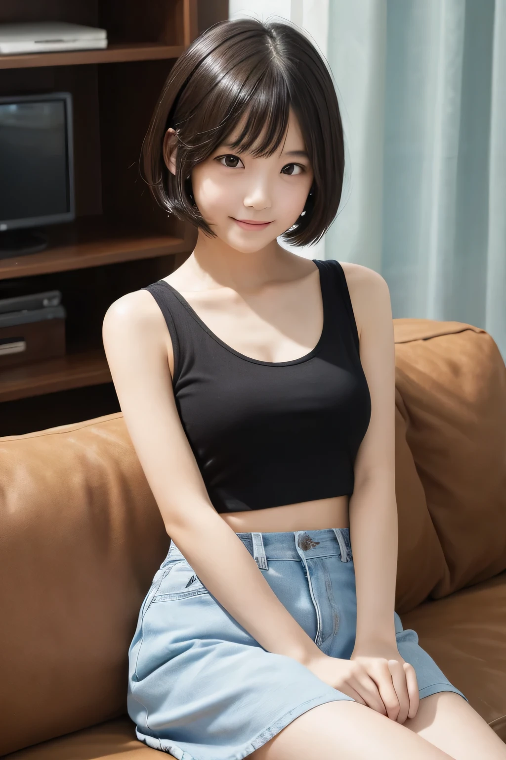 One girl,summer,Inside the room,sofa,Sit down,Black Hair,Fluffy short hair,Dark blue tank top,smile,6th grade elementary school,Innocent,front,delicate,Look here,transparent, Soft Light,(masterpiece, Highest quality), Structure of the film, Like a movie