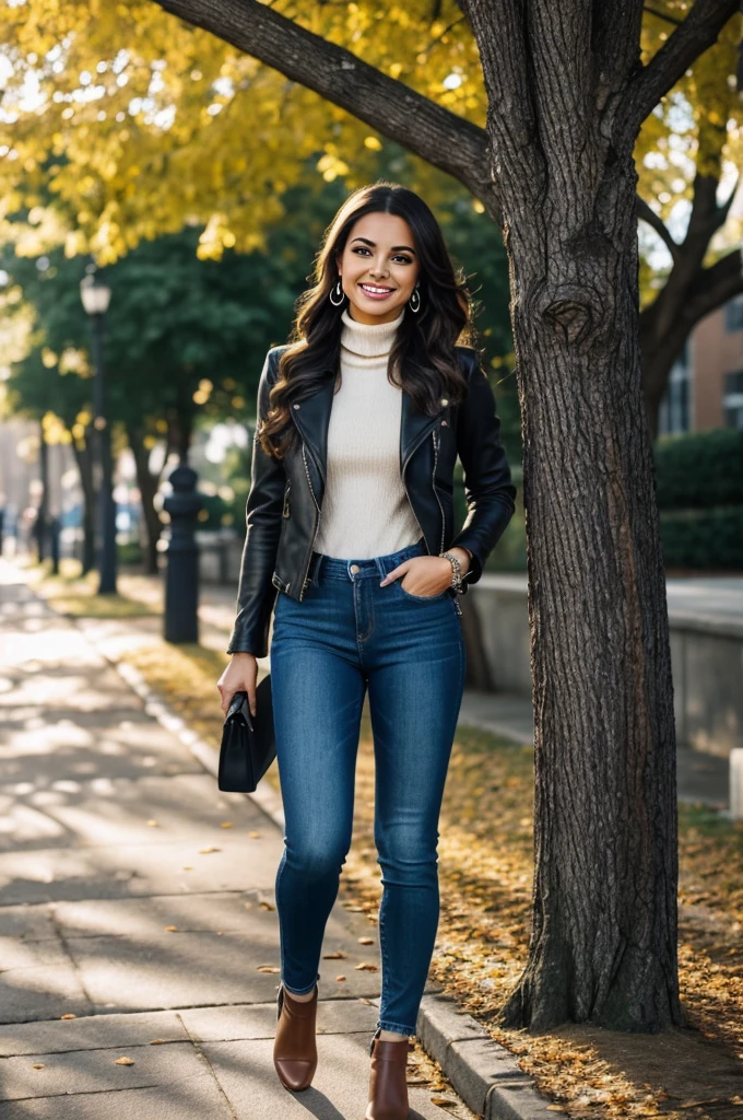 photo of beautiful (csyclvrt:0.99), Long layers hair style, young, smiling, edgADC_fashion, wearing edgADCs, blue jeans, red turtleneck, leather jacket, walking on a tree lined sidewalk on a college campus, dynamic pose , looking at viewer, makeup, eye-liner, lip gloss, nails, dark eye shadow, jewelry, earrings, bracelet, full body, perfect feet,day time, back lit, perfectsmile smile,