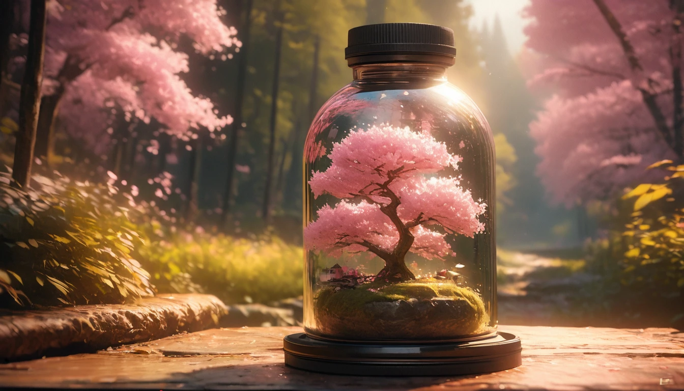 Cherry tree in a bottle, Fluffy, Practical, Atmospheric light refraction, Photo by Lee Jeffries, Nikon d850 film stock photos 4 Kodak portra 400 camera f1.6 Guns, rich and colorful, ultra Practical Practical textures, Outside the forest, Unreal Engine Trends 800 on artstation cinestill, Style - Glass