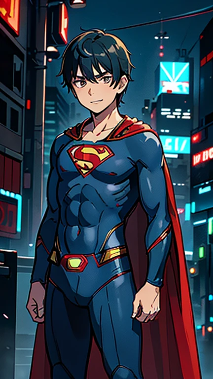 best quality,masterpiece,1boy,solo,(((13years old))),japanese boy,an extremely cute and handsome boy,highly detailed beautiful face and eyes,petit,cute face,lovely face,baby face,shy smile,show teeth, Black hair,Short hair,flat chest,skinny,slender,(((wearing a Superman costume,red cape))),(((standing in Dark Midnight Neon Glow light Cyberpunk metropolis city))),he is looking at the viewer,