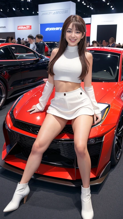 (8K, Ultra-high resolution, Highest quality, Tabletop:1.2),(18-year-old:1.2)、Race Queen、（motor Show）、fellow、Racing Car、Long legs、(Insincere laughter)、(avert your eyes)、8K、Japanese girl&#39;s life々Beautiful portrait、Photorealistic、Ultra-high resolution、Highest quality、Earrings、 (Big Breasts, Cleavage:1.2),(High leg)、(((Vinyl Mini Skirt Costume)))、(Laotex)、Shiny Costumes、(From below:1.2)、(Makuhari Messe)、(((Toyota、Nissan、Honda、ＢＭＷ，Audi、ford, wait.)))、Stand next to the car、Arms crossed、(Panty shot:1.5)、(High-end cafe:1.4) break (Natural skin texture、Detailed skin、Hyperrealism、Ultra Sharpness)、Intricate details、Depth of written boundary、Dim lighting、Korean Idol、Nogizaka Idol、Gravure idol pose、Fashion model posing