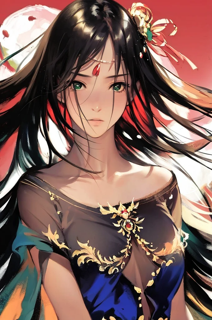 best quality,masterpiece,ultra high resolution,1 girl,Side face to the camera,Uno,Yamamoto Takato style, simple background,Red_background,a robin,Camellia,Cold-blooded girl