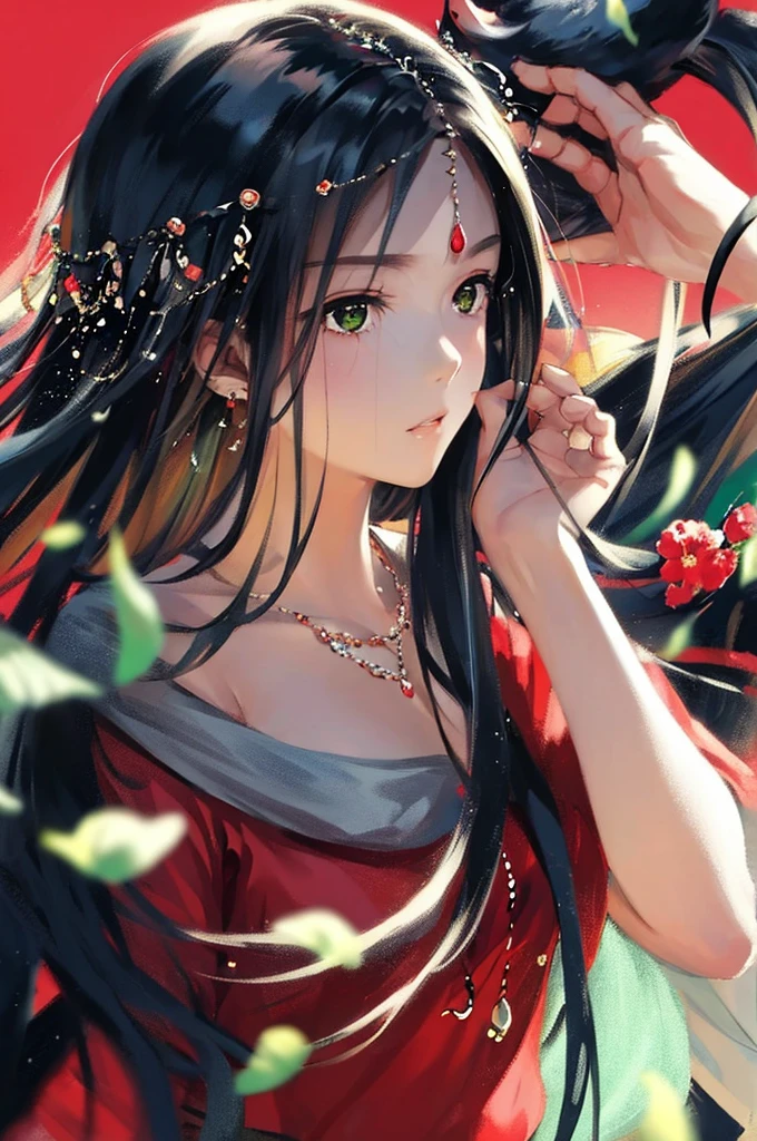 best quality,masterpiece,ultra high resolution,1 girl,Side face to the camera,Uno,Yamamoto Takato style, simple background,Red_background,a robin,Camellia,Cold-blooded girl