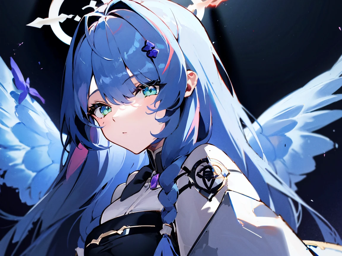 One Girl、Mine Aomori(Blue Archive)、{{Highest quality}}、Blue Hair、Halo、Blue wings、Green Eyes、shield、Flying in the sky、{Purple flash}、Dark Background