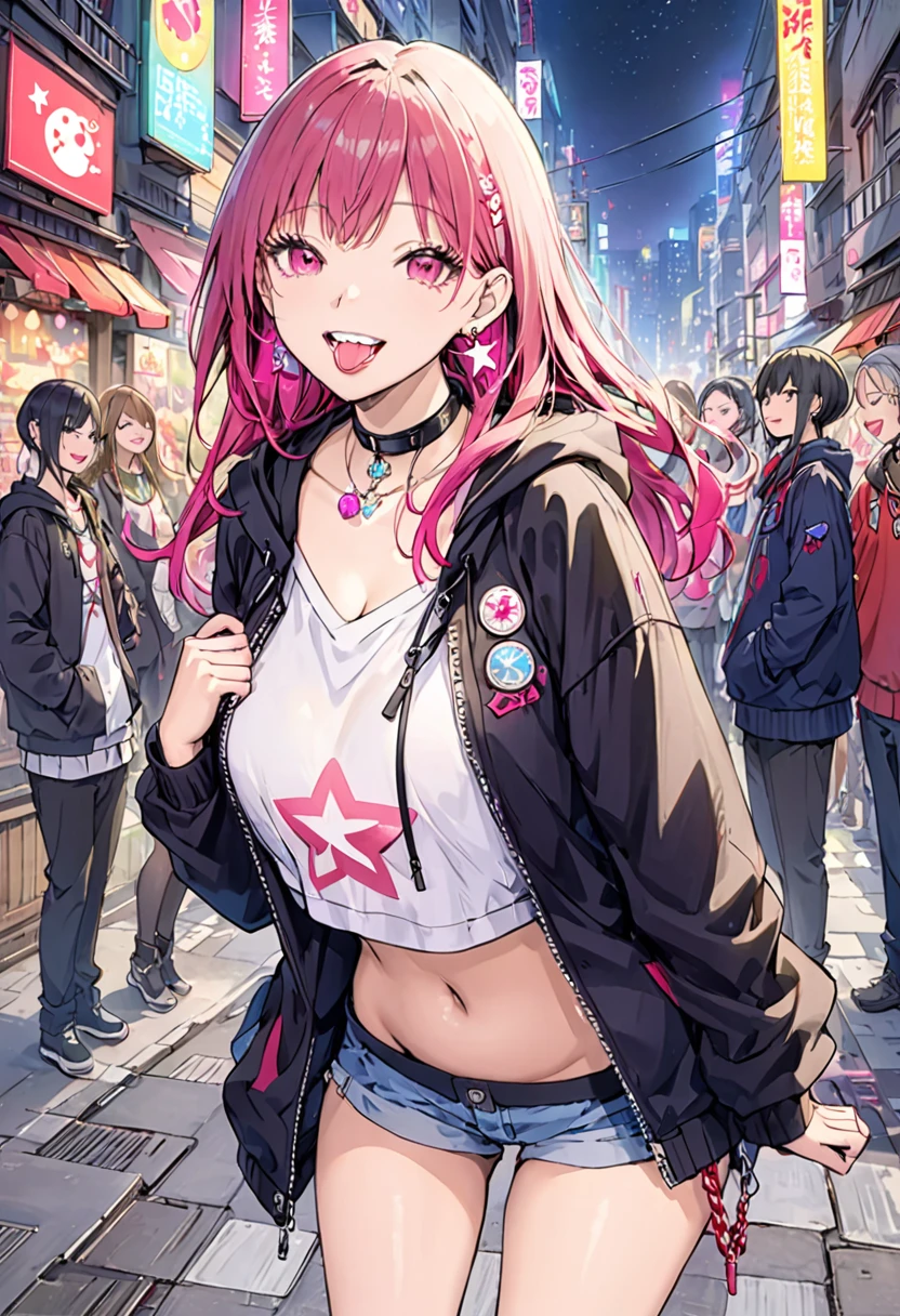 (masterpiece:1.2)、Highest quality、PIXIV、Rebellious girl、One girl、Open your mouth、鋭いteeth、teeth、Long Hair、Street background、gem、badge、ボタンbadge、Food、Pink Eyes、Earrings、Jacket、eyelash、Foodを下にして、star (symbol)、Upper Body、Characters in clothes、zipper、collar、cable、chain、tongue、Stickers、hoodie、smile、spike、Focus on the viewer、長いtongue、Chest in the center、Shoulder Bare、Belly button、Colorful hair colors,leaning forward,Cyberpunk city,Night view