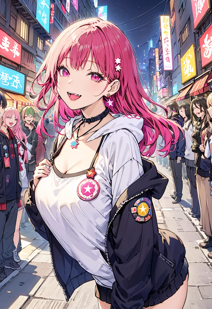 (masterpiece:1.2)、Highest quality、PIXIV、Rebellious girl、One girl、Open your mouth、鋭いteeth、teeth、Long Hair、Street background、gem、badge、ボタンbadge、Food、Pink Eyes、Earrings、Jacket、eyelash、Foodを下にして、star (symbol)、Upper Body、Characters in clothes、zipper、collar、cable、chain、tongue、Stickers、hoodie、smile、spike、Focus on the viewer、長いtongue、Chest in the center、Shoulder Bare、Belly button、Colorful hair colors,leaning forward,Cyberpunk city,Night view