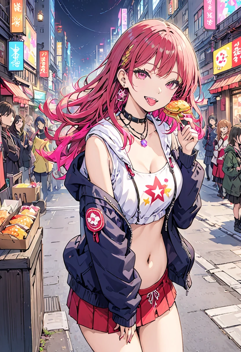 (masterpiece:1.2)、Highest quality、PIXIV、Rebellious girl、One girl、Open your mouth、鋭いteeth、teeth、Long Hair、Street background、gem、badge、ボタンbadge、Food、Pink Eyes、Earrings、Jacket、eyelash、Foodを下にして、star (symbol)、Upper Body、Characters in clothes、zipper、collar、cable、chain、tongue、Stickers、hoodie、smile、spike、Focus on the viewer、長いtongue、Chest in the center、Shoulder Bare、Belly button、Colorful hair colors,leaning forward,Cyberpunk city,Night view