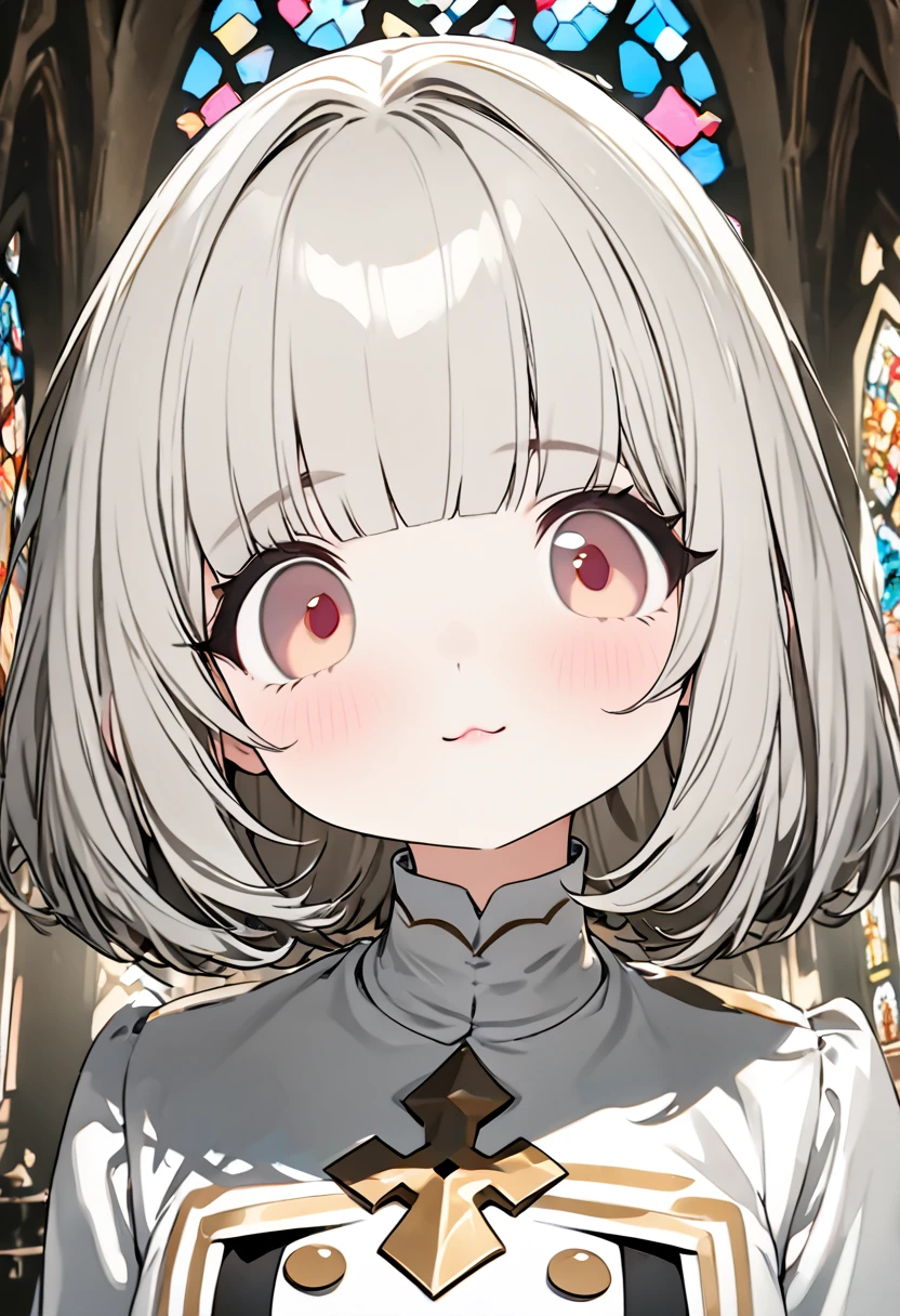 best quality, super fine, 16k, incredibly absurdres, extremely detailed, 2.5D, delicate and dynamic depiction, beautiful and cute nun, wearing pure white monastery uniform, silver bob cut, blunt bangs, pink cheeks, droopy brown eyes, background monastery with stained glass