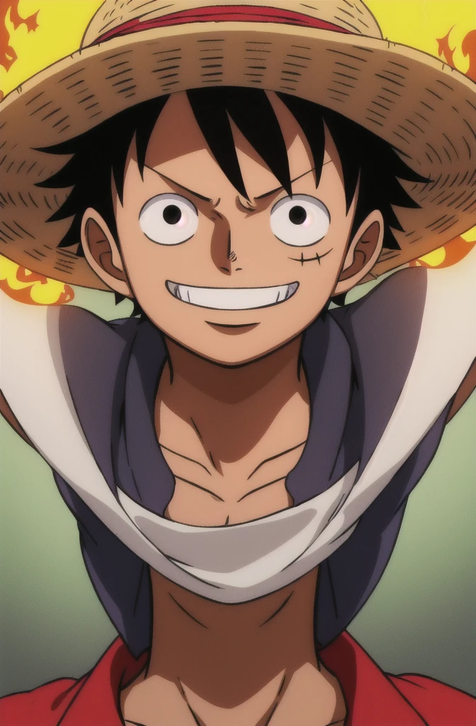 1boy, wanostyle, monkey d luffy, smiling, straw hat, looking at viewer, solo, upper body, ((masterpiece)), (best quality), (extremely detailed), depth of field, sketch, dark intense shadows, sharp focus, soft lighting, hdr, colorful, good composition, fire all around, spectacular, closed shirt, anime screencap, scar under eye, ready to fight, black eyes