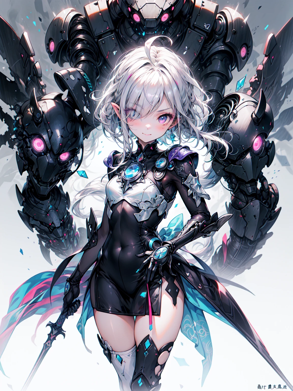 [(White Background:1.5)=5], (Bottle bottom:0.9), 1 Elf girl, Medium Shot, whole body, (armor Wing, Mecha legs, armor),((Short white hair)), Asymmetrical bangs, Rich facial and eye details, Perfect Lips, butterfly, Floating Petals, Stone fragments, Beautiful and delicate water, cloud, sun, evening, sunset, beautiful detailed cloud, Ocean, Wave, splash, dramatic, Cinema Lighting, detailedな表現, Fine details, Fantasy art, shape, masterpiece, The art of math, , Yusuke Murata Style. Blake、非常にdetailed (Dark Elf), (1 Girl), alone, Perfect Face, detailed, Ahoge, ((Long Hair:1.2)), (Hair above one eye:1.3), [[Messy Hair]], Shiny blonde white hair, Purple eyes, Variegated eyes, Colorful Hair, Shining Eyes, Bright Eyes, Face imprint, (eyelash, eye shadow, pink eye shadow), smile, Design Art：haruhiko mikimoto, by Kawashi, By Yoshitaka Amano, break、((Perfect Anatomy)), Nice body, Big Breasts、（非常にdetailed指), Best Hand, Perfect Face, Beautiful Face, Beautiful Eyes, Perfect Eyes, (Perfect Fingers), Correct Anatomy