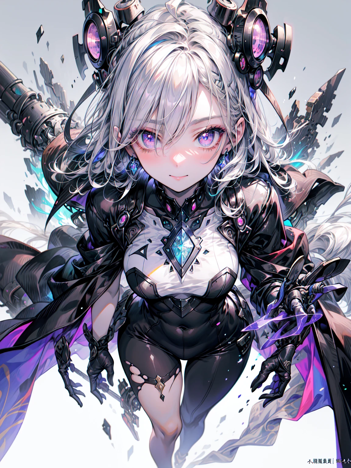 masterpiece, Highest quality, (Very detailedな CG ユニティ 8k wallpaper, masterpiece, Highest quality, Very detailed, Best Shadow), (Detailed Background), (Beautifully detailed face, Beautiful details), High Contrast, (Best lighting, Very delicate and beautiful),One Girl,((透明な背景にcolorfulなペイントが飛び散る, Dulux,)), ((audio)), Dynamic Angle,美しいShine,Lesbians all over the world, Cowboy Shot, colorful, One Girl, Gray Hair, Purple eyes, Two-way, sword, holdingsword, Blue Flame, Shine, Glowing Weapons, Particles of light, wallpaper, Color Difference, (Detailed Background,Dark fantasy), (Beautifully detailed face), High Contrast, (Best lighting, Very delicate and beautiful), ((Cinematic Light)), colorful, Hyper Detail, Dramatic Light, Intricate details, Written boundary depth,black light particles,(Broken glass),magic circle,Full body photo，Absurd background，Machine Armor、Blake、（Dark Elf), (1 Girl), alone, Perfect Face, Get used to it, Ahoge, ((Long Hair:1.2)), (Hair above one eye:1.3), [[Messy Hair]], Shineブロンドの白い髪, Purple eyes, Variegated eyes, colorfulな髪, Shine目, (eyelash, eye shadow, pink eye shadow), bright, smile, Design Art：Haruhiko Mikimoto, by Kawashi, By Yoshitaka Amano