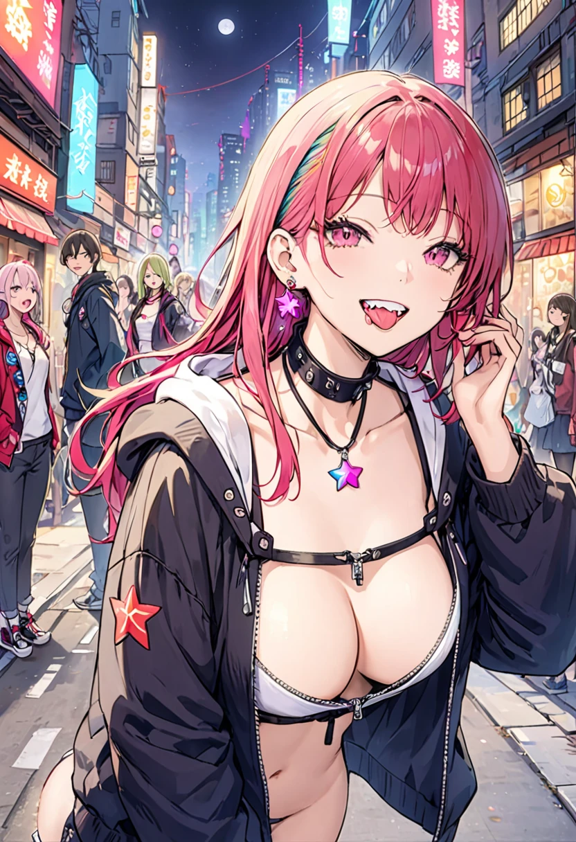 (masterpiece:1.2)、Highest quality、PIXIV、Rebellious girl、One girl、Open your mouth、鋭いteeth、teeth、Long Hair、Street background、gem、badge、ボタンbadge、Food、Pink Eyes、Earrings、Jacket、eyelash、Foodを下にして、star (symbol)、Upper Body、Characters in clothes、zipper、collar、cable、chain、tongue、Stickers、hoodie、smile、spike、Focus on the viewer、長いtongue、Chest in the center、Shoulder Bare、Belly button、Colorful hair colors,leaning forward,Cyberpunk city,Night view