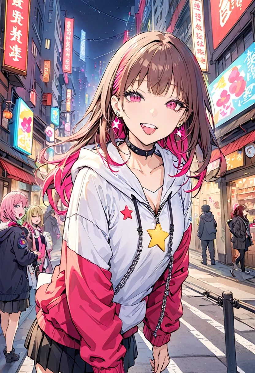 (masterpiece:1.2)、Highest quality、PIXIV、Rebellious girl、One girl、Open your mouth、鋭いteeth、teeth、Long Hair、Street background、gem、badge、ボタンbadge、Food、Pink Eyes、Earrings、Jacket、eyelash、Foodを下にして、star (symbol)、Upper Body、Characters in clothes、zipper、collar、cable、chain、tongue、Stickers、hoodie、smile、spike、Focus on the viewer、長いtongue、Chest in the center、Shoulder Bare、Belly button、Colorful hair colors,leaning forward,Cyberpunk city,Night view