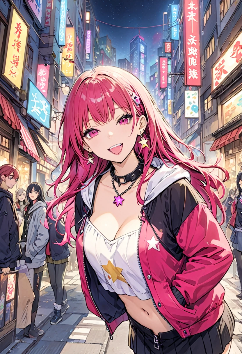(masterpiece:1.2)、Highest quality、PIXIV、Rebellious girl、One girl、Open your mouth、鋭いteeth、teeth、Long Hair、Street background、gem、badge、ボタンbadge、Food、Pink Eyes、Earrings、Jacket、eyelash、Foodを下にして、star (symbol)、Upper Body、Characters in clothes、zipper、collar、cable、chain、tongue、Stickers、hoodie、smile、spike、Focus on the viewer、長いtongue、Chest in the center、Shoulder Bare、Belly button、Colorful hair colors,leaning forward,Cyberpunk city,Night view