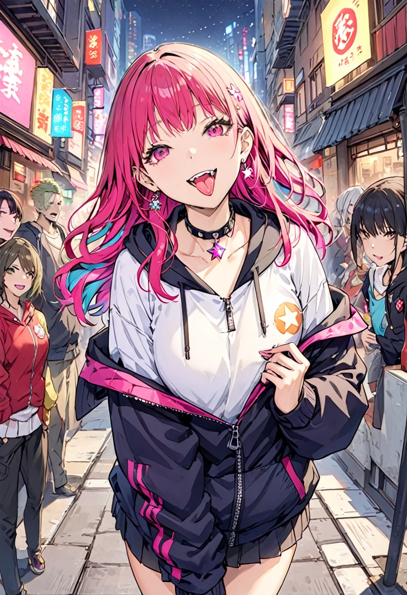 (masterpiece:1.2)、Highest quality、PIXIV、Rebellious girl、One girl、Open your mouth、鋭いteeth、teeth、Long Hair、Street background、gem、badge、ボタンbadge、Food、Pink Eyes、Earrings、Jacket、eyelash、Foodを下にして、star (symbol)、Upper Body、Characters in clothes、zipper、collar、cable、chain、tongue、Stickers、hoodie、smile、spike、Focus on the viewer、長いtongue、Chest in the center、Shoulder Bare、Belly button、Colorful hair colors,leaning forward,Cyberpunk city,Night view