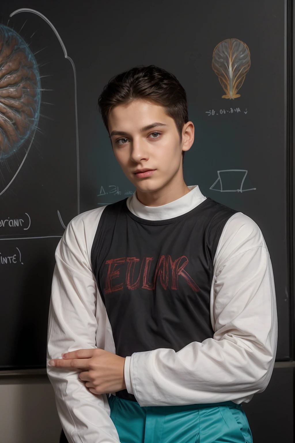 A beautiful young man, a cute male twink, with black hair, a face with reddish make-up, wearing a bright white long-sleeved shirt and aqua blue pants. He is in his office, and behind him is a blackboard on which is written the shape of the brain and its anatomy, and nuclear energy comes out of it.