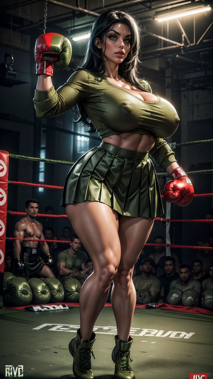 (best quality,highres:1.2), (ultra-detailed), (realistic:1.37), (HDR,UHD), (physically-based rendering), (curvy Denise Milani), ((olive green long-sleeved shirt:1.3)), ((olive green pleated boxing skirt:1.3)), ((boxing gloves:1.4)), ((cropped, straight jet-black hair:1.3)), ((firm breast cleavage, peround breasts:1.3)), ((tiny), ((thicc, thick thighs:1.4)), ((beautiful large green eyes):1.3), (intimidating pose in an abandoned factory), (full-body portrait), (vivid colors), (metallic textures), (hot red lips, makeup:1.3), sexy fighter, prominent brea, rock solid breasts, lack calves, ((olive gxing skirt:1.3)), ((thick long erect nipples:1.3)), (full body portrait:1.3)_bolte, boltedontits, th3p1t, sakimichan,