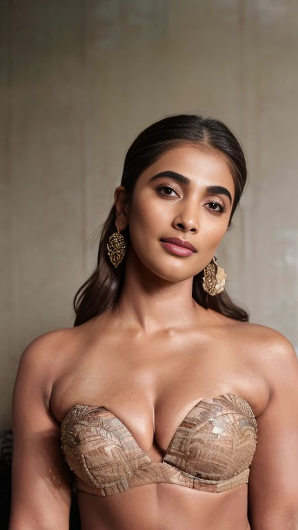 extreme close up photo of semi naked Pooja hegde,slim, bikini, bedroom,  intricate details, cold room, lean eyebrow, pooja hegde, free shaggy black hair