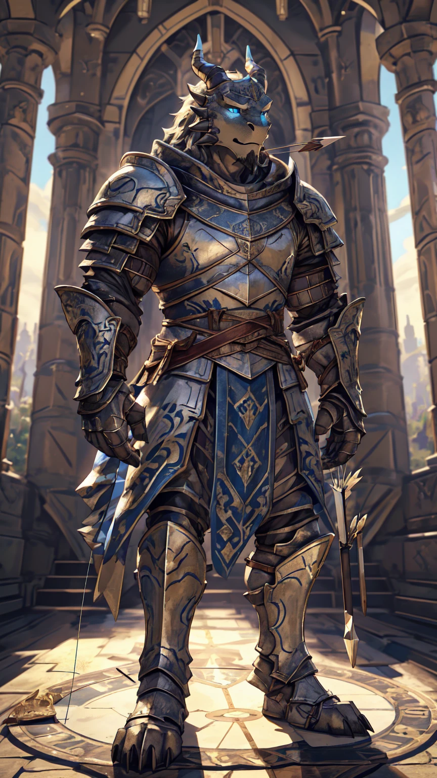 ((middle Ages:1.3,Range background:1.5)),Royal Family:1.2,((Holding a bow and arrow:1.5)),((sunny:1.4)),high resolution,4K,(((9:16 Whole body:1.1,Strike a pose:1.5))),masterpiece,high quality,((Dragon Archer)),male,龙Furry,(teenager:1.3),hairy,((Heroic and Calm:1.4)),(((Slender face:1.2,Lean:1.2,Long legs:1.3,Thick 龙 tail:1.2))),(((Gray head:1.2,Blue pupils:1.2,neck:1.3,Gray Hands:1.4,muscle:1.3))),(((White Armor:1.3,There is a blue flag on the armor:1.4))),Exquisite eyes,Detailed body,Detailed hands,Detailed feet