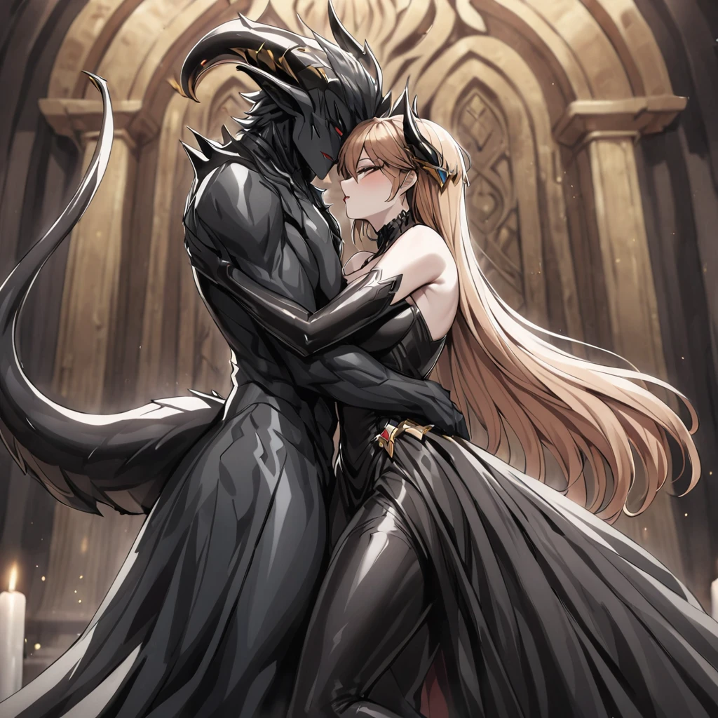 ((Highest quality)), ((masterpiece)), (detailed), （Perfect Face）、The woman is a jet-black female demon with impressive devil horns and a jet-black tail. Her skin is jet-black and she is a naked jet-black demon named Princess Leona with medium-long light brown hair.、The woman is embracing and kissing the strong demon king, having sex and making love to him.、A strong demon king is embracing a woman, kissing her, having sex and making love in front of a gorgeous demon altar.