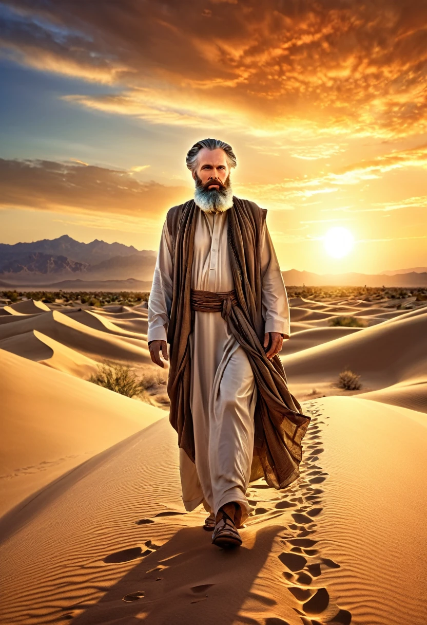 high resolution, Imagination, (realistic), bearded prophet in the desert walking, composition, sunset, (hdr:1.5), Intricate details,