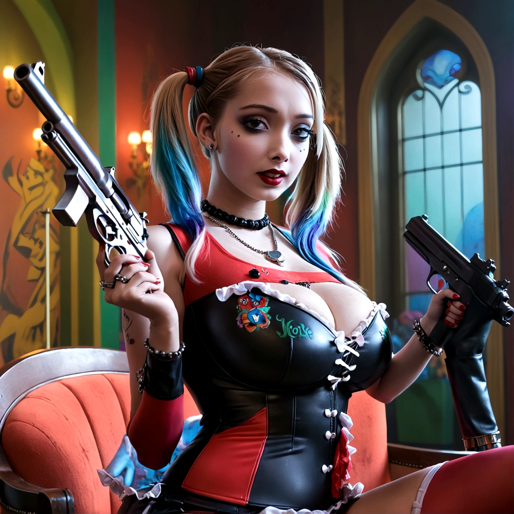 a Harley Quinn girl with crazy makeup, wearing a sexy small outfit, posing with guns near her Joker themed throne in a Fun House of Death, 1girl, extremely detailed face and eyes, beautiful detailed lips, long eyelashes, photorealistic, 8k, hyper detailed, highly detailed, masterpiece, vibrant colors, dramatic lighting, cinematic, surreal, gothic, dark, moody