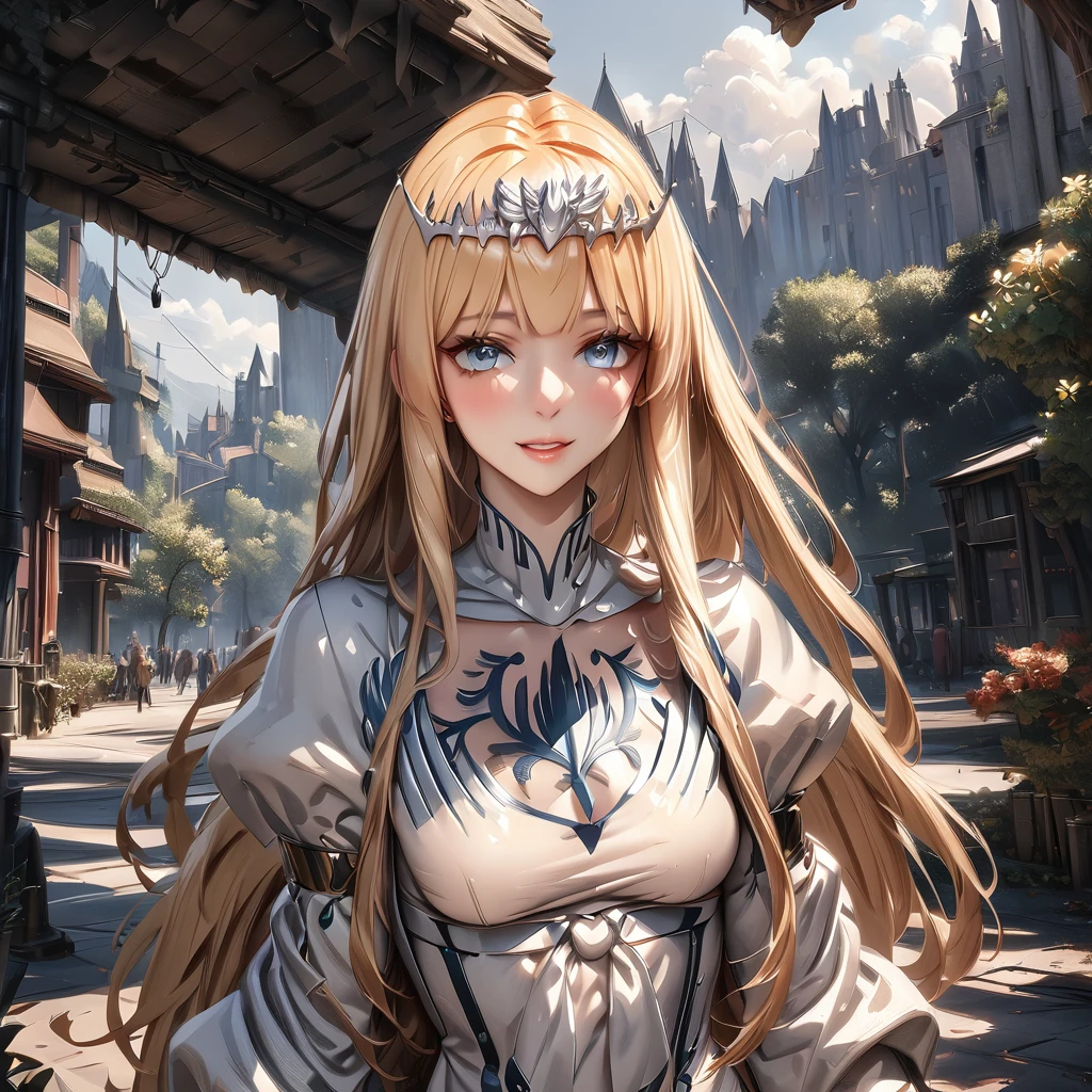 Top quality, best quality, super detailed, hi-res, high resolution, HDR, 4k, 8k, unity 8k wallpaper, highly detailed CG, masterpiece, realistic, photorealistic, 2D, 3D, beautiful details, depth, fine textures , ultra-fine: 1.3, fully focused, crispy.skin, .berak,
anime girl, smile,one girl,, solo,looking at viewer, , blush, parted lips, 1girl, solo, Calca, Calca Bessarez, blonde hair, (extremely long hair1.3), very long hair, white tiara, white dress, blue eyes, medium chest,extremely long hair, blunt bang