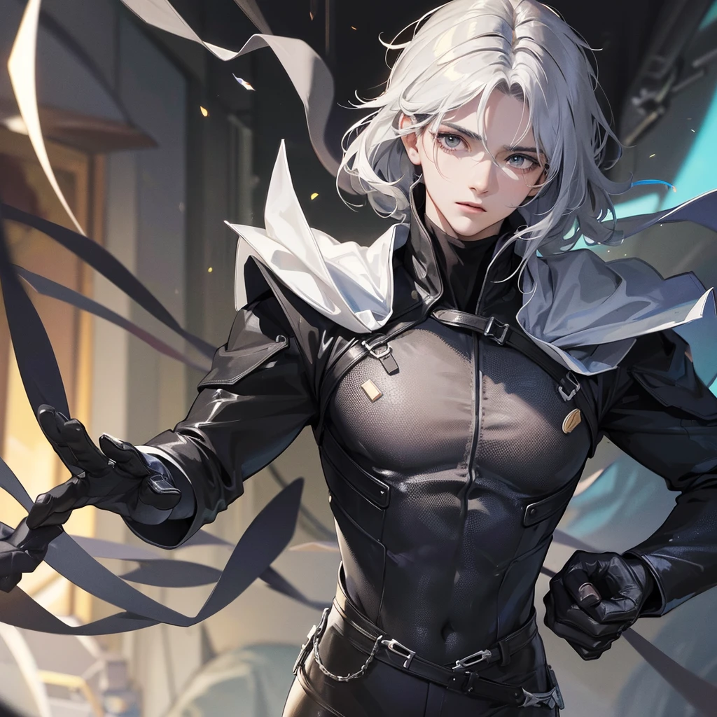 Masterpiece, high quality, best quality, HD, realistic, perfect lighting, detailed body, 1 man, dark white hair, face expression, black military suit, in the cave