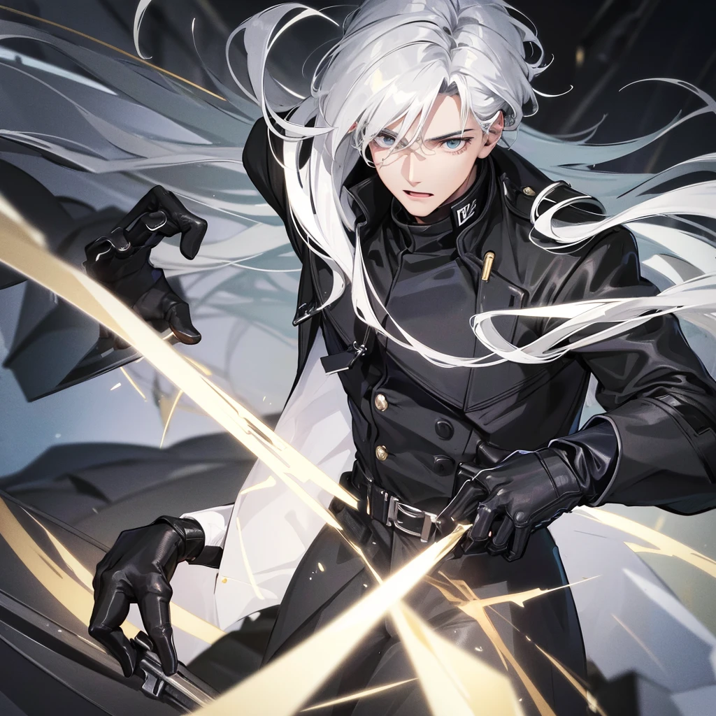 Masterpiece, high quality, best quality, HD, realistic, perfect lighting, detailed body, 1 man, dark white hair, face expression, black military suit, in the cave