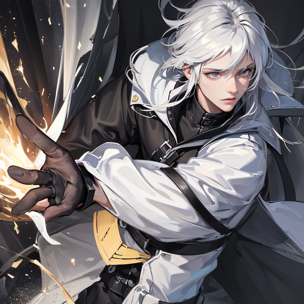 Masterpiece, high quality, best quality, HD, realistic, perfect lighting, detailed body, 1 man, dark white hair, face expression, black military suit, in the cave
