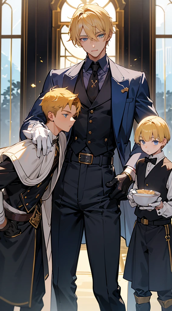 2 Handsome men, twins, butlers, yellow hair, very short hair, ((crew cut: 1)), blue eyes, light skin, ((muscular: 1)), male, 28 years old, gold details, baggy pants, belts black and brown, black boots, black gloves, butler clothes. blue light currents in the background, blue rays in the background.