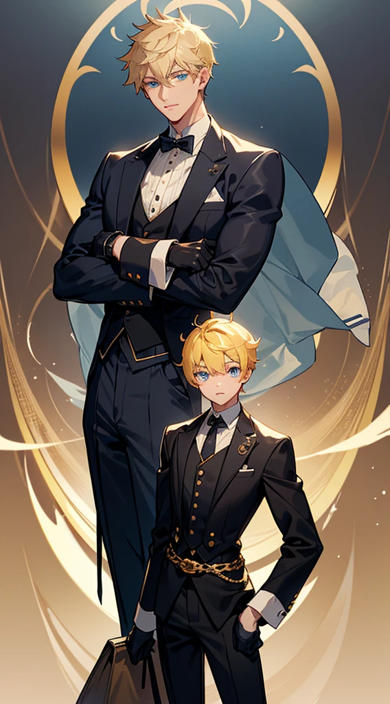 2 Handsome men, twins, butlers, yellow hair, very short hair, ((crew cut: 1)), blue eyes, light skin, ((muscular: 1)), male, 28 years old, gold details, baggy pants, belts black and brown, black boots, black gloves, butler clothes. blue light currents in the background, blue rays in the background.