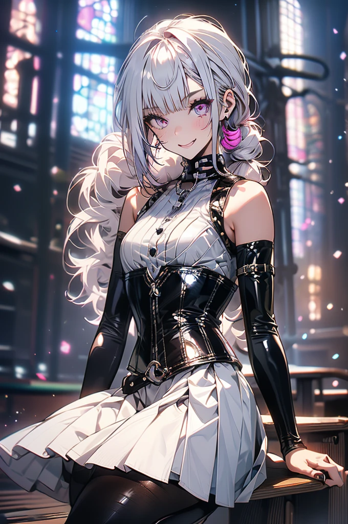 an 18 year old girl, small, 1.50cm tall, very slender, without curves, white skin, pink eyes, white hair tied in twintails (Leather skirt, leather corset, short boots) In a medieval church, magic, slutty smile, licking her lips, flushed face, rape face,