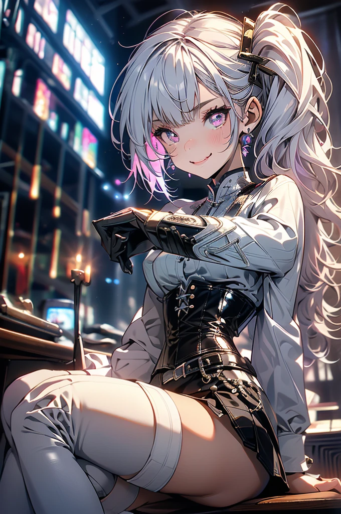 an 18 year old girl, small, 1.50cm tall, very slender, without curves, white skin, pink eyes, white hair tied in twintails (Leather skirt, leather corset, short boots) In a medieval church, magic, slutty smile, licking her lips, flushed face,  face,