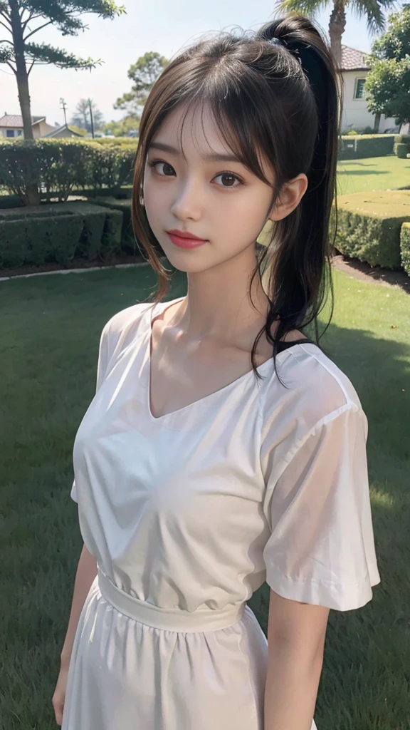 collared dress,European park,On the lawn,Close up face,One woman,masutepiece, The highest image quality, High quality, the background is clear,Beautiful woman, Japanese,Ultra-detailed, finely detail, hight resolution, 8K Wallpaper, Perfect dynamic composition, Beautiful detailed eyes , Detailed, Detailed eyes, Detailed skin, Beautiful skin, 超hight resolution, (reality: 1.4),Very beautiful woman, Slightly younger face, Beautiful skin, slender, (Ultra photo realsisim), (hight resolution), (8K), (Very detailed) (beautifully detailed eyes), (super detailed), (Detailed face), view the viewer, Fine details, Detailed face, Staring straight ahead, Staring straight ahead, photos realistic, Bright lighting, Professional Lighting, Black hair,poneyTail,a ,sixteen ye: ponytail,Long ponytail hairstyle,slight smile,neat and tidy clothing,Beautiful Japanese KPOP idol photo, hair style is ponytail, my eyes are double and wide, baby face, smile and look ahead, slender, small breasts,Close up face,