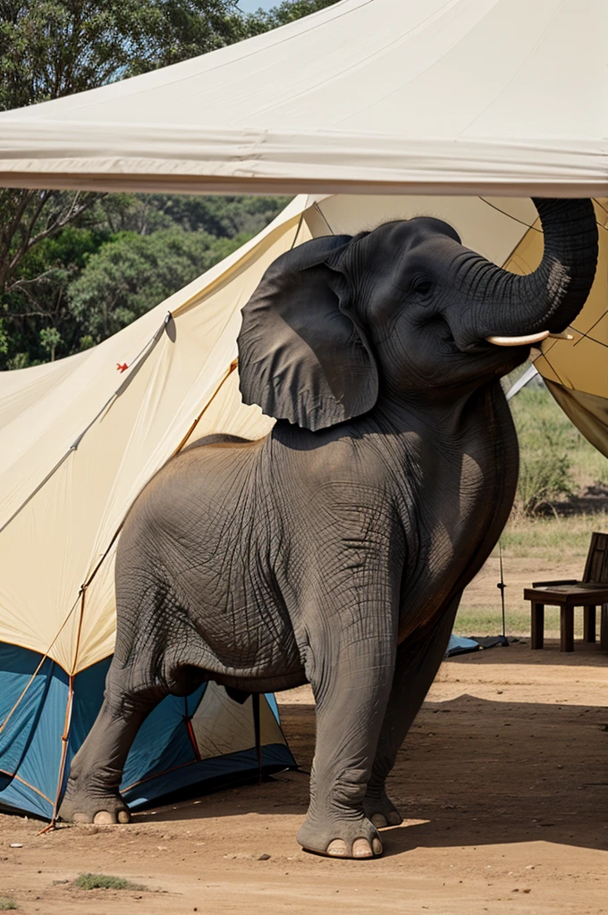 A fat elephant is running the tent. Many people are watching