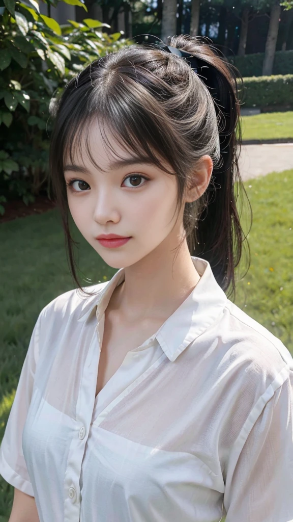 collared dress,European park,On the lawn,Close up face,One woman,masutepiece, The highest image quality, High quality, the background is clear,Beautiful woman, Japanese,Ultra-detailed, finely detail, hight resolution, 8K Wallpaper, Perfect dynamic composition, Beautiful detailed eyes , Detailed, Detailed eyes, Detailed skin, Beautiful skin, 超hight resolution, (reality: 1.4),Very beautiful woman, Slightly younger face, Beautiful skin, slender, (Ultra photo realsisim), (hight resolution), (8K), (Very detailed) (beautifully detailed eyes), (super detailed), (Detailed face), view the viewer, Fine details, Detailed face, Staring straight ahead, Staring straight ahead, photos realistic, Bright lighting, Professional Lighting, Black hair,poneyTail,a baby face,sixteen years old,Hairstyle: ponytail,Long ponytail hairstyle,slight smile,neat and tidy clothing,Beautiful Japanese KPOP idol photo, hair style is ponytail, my eyes are double and wide, baby face, smile and look straight ahead, slender, small breasts,Close up face,