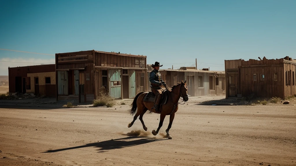 Realistic lone gunslinger named Johnny riding into the deserted town of Redemption on his horse. The town has boarded up buildings and tumbleweeds blowing down the streets. unreal engine, cinematic