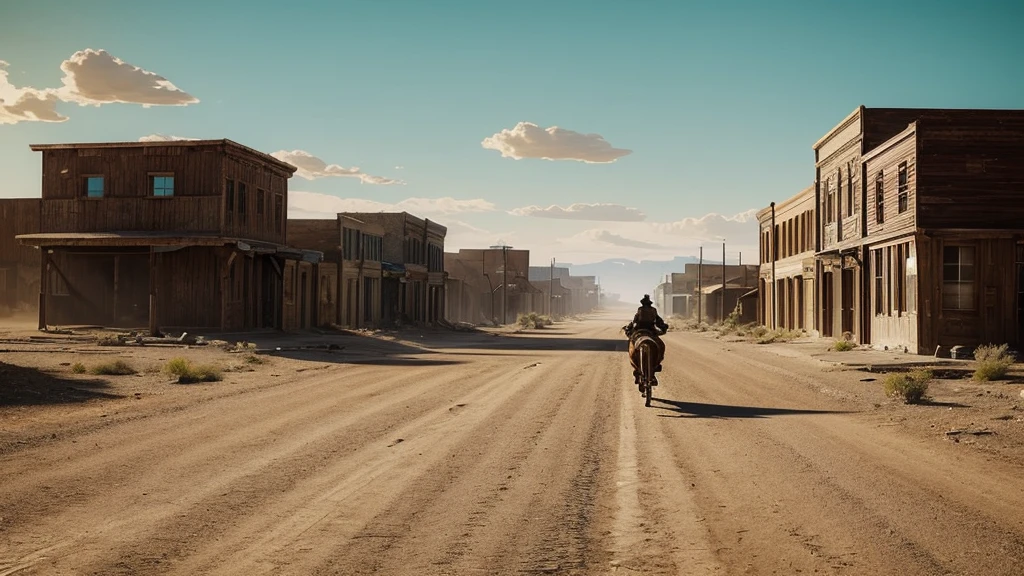 Realistic lone gunslinger named Johnny riding into the deserted town of Redemption on his horse. The town has boarded up buildings and tumbleweeds blowing down the streets. unreal engine, cinematic