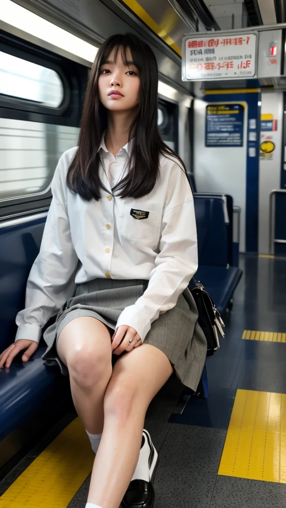"(masterpiece, High resolution, Ultra High resolution, 4K) Black Hair, 21 year old Japanese girl, Uniform skirt, Accentuate your thighs, White thighs, Soft thighs, Glossy thighs, Sitting on a train, Facing angle, (Angle from below),sitting in a train seat,Sit in front,Zoom camera on crotch,Put your feet on the train floor,whole body,Looking down and sleepy,Watch only viewers", Highest quality, 超High resolution, (Realistic:1.4),, High resolution, detailed, RAW Photos, sharp, Nikon D850 film stock photo by Lee Jefferies 4 Kodak Portra 400 camera F1.6 Lenses、Rich colors、Ultra-realistic and lifelike textures、Dramatic lighting、Unreal Engine、Art Station Trends、Cinestar 800,