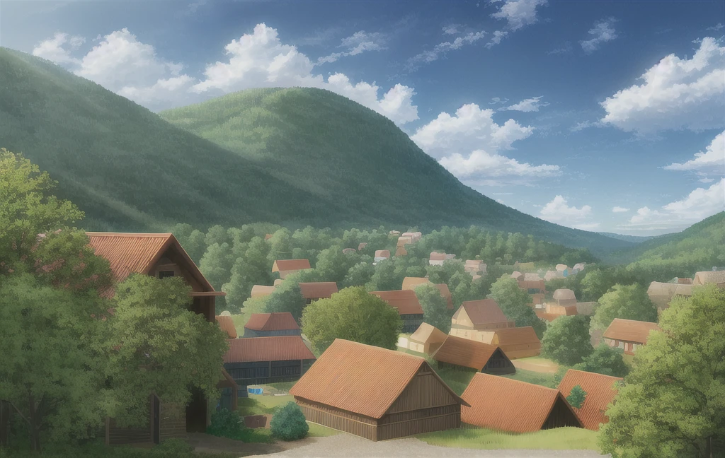 scenery, forest, village, well, sky, clouds
