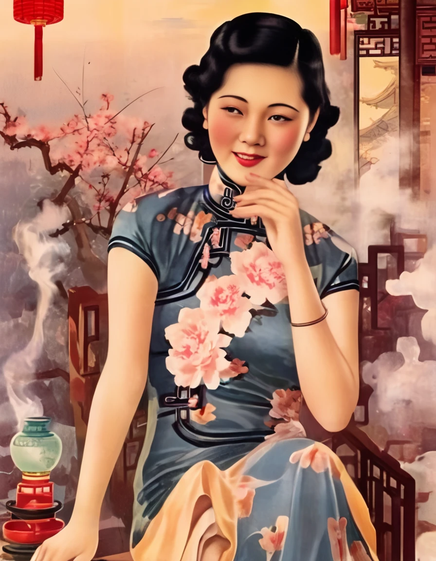 1930s Chinese old poster style,1 Chinese young woman,cheongsam,bangs、Pearl Necklace、sitting on a luxurious bed and smoking a cigarette