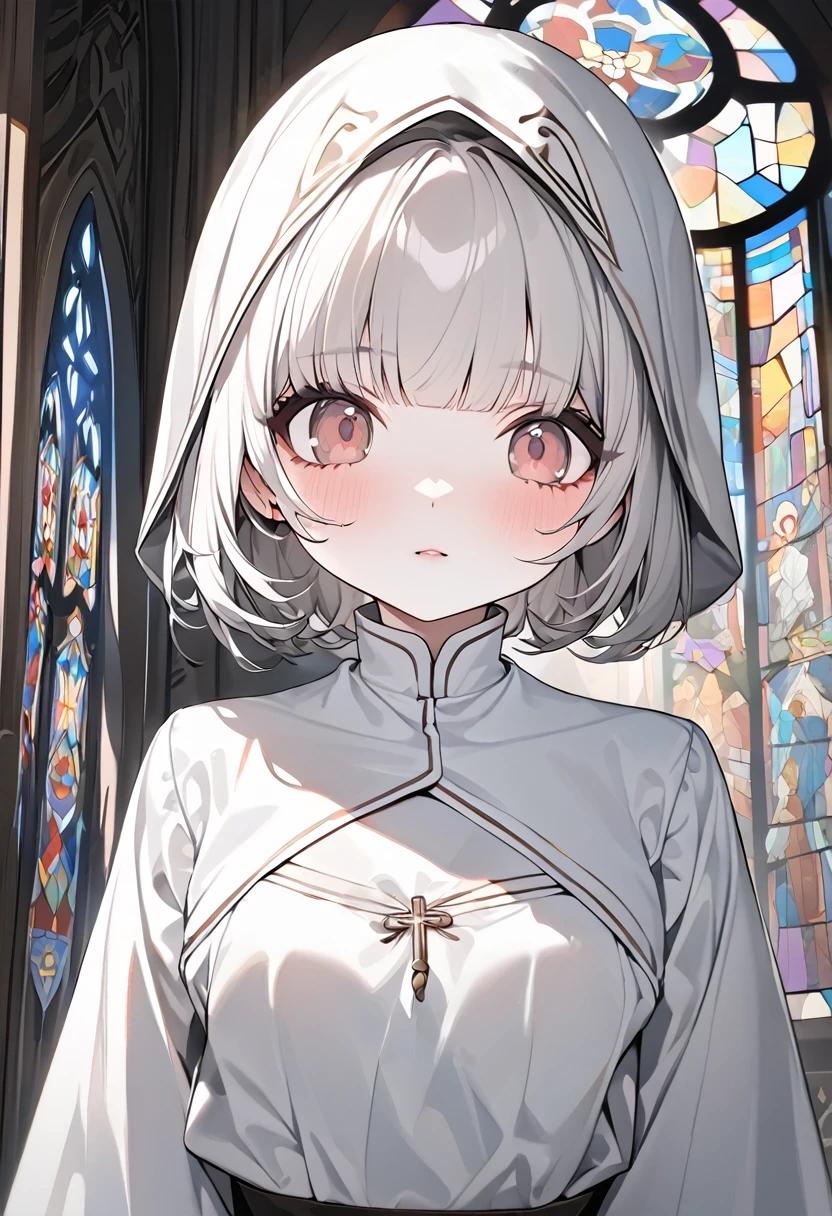 best quality, super fine, 16k, incredibly absurdres, extremely detailed, 2.5D, delicate and dynamic depiction, beautiful and cute nun, wearing pure white monastery uniform, silver bob cut, blunt bangs, pink cheeks, droopy brown eyes, background monastery with stained glass