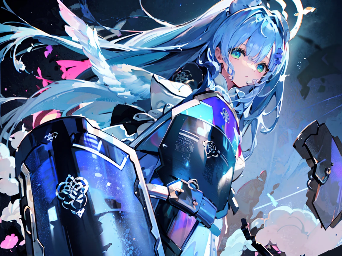 One Girl、Mine Aomori(Blue Archive)、{{Highest quality}}、Blue Hair、Halo、Blue wings、Green Eyes、shield、Flying in the sky、{Purple flash}、Dark Background