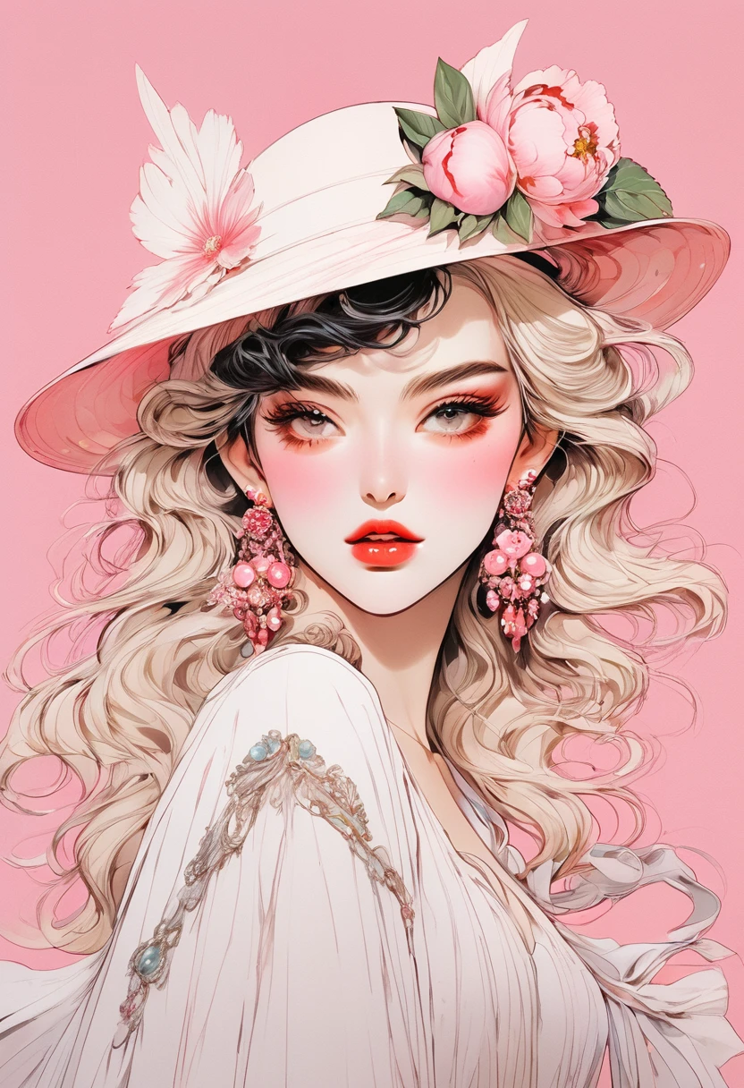 (Highest quality:0.8), (Highest quality:0.8), Perfect illustration,Beautiful woman portrait、One girl, bangs, Black nails, Blonde, Mouth closed, clavicle, ear Earrings, Earrings, Fashion G, hair ornaments, Food, Foodie, Jacket, jewelry, looking at iniewer, Medium Hair, Manicure, necklace, Earrings, short hair, Peony stalk, sleeines past wrists, 一人in, Both sides up, Upper Body, in, Pop Background、Droopy eyes、Celebrity Hat、ぱっつんbangs、summer、Pink gradient background、Earrings、Masquerade Mask、Masquerade Mask、Party Masks、Eye Mask、Mask