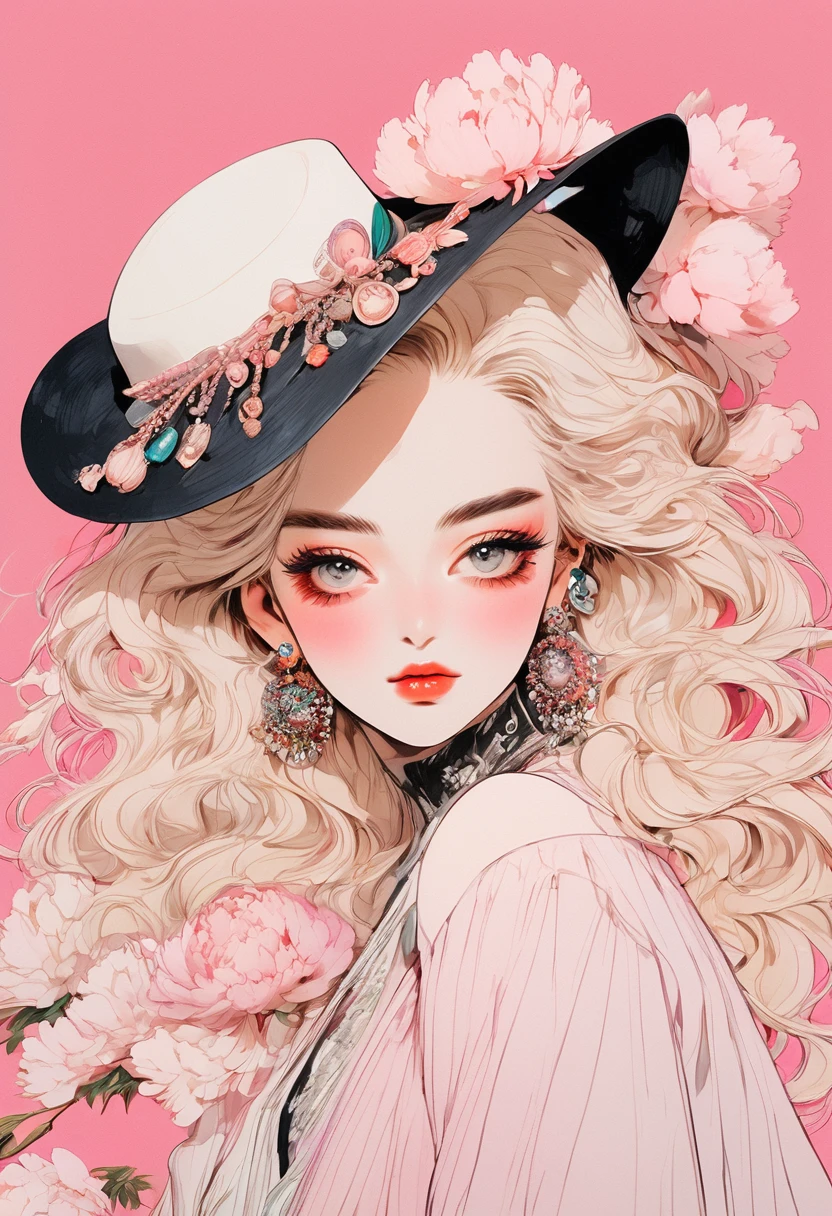 (Highest quality:0.8), (Highest quality:0.8), Perfect illustration,Beautiful woman portrait、One girl, bangs, Black nails, Blonde, Mouth closed, clavicle, ear Earrings, Earrings, Fashion G, hair ornaments, Food, Foodie, Jacket, jewelry, looking at iniewer, Medium Hair, Manicure, necklace, Earrings, short hair, Peony stalk, sleeines past wrists, 一人in, Both sides up, Upper Body, in, Pop Background、Droopy eyes、Celebrity Hat、ぱっつんbangs、summer、Pink gradient background、Earrings、Masquerade Mask、Masquerade Mask、Party Masks、Eye Mask、Mask