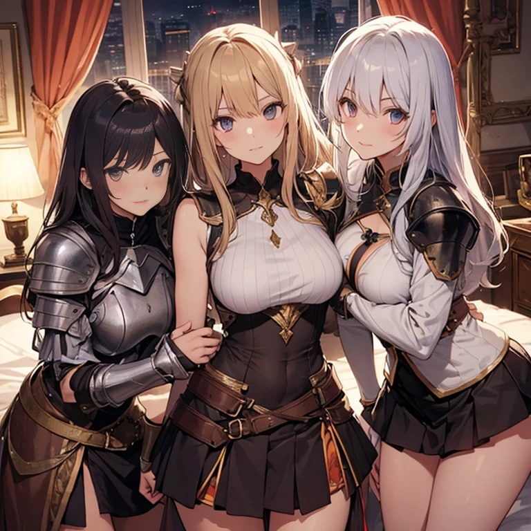 A group of female medieval fantasy adventurers, (in bedroom), various hair styles, harem, night, details face, short skirt, seducing, sleeveless, armor