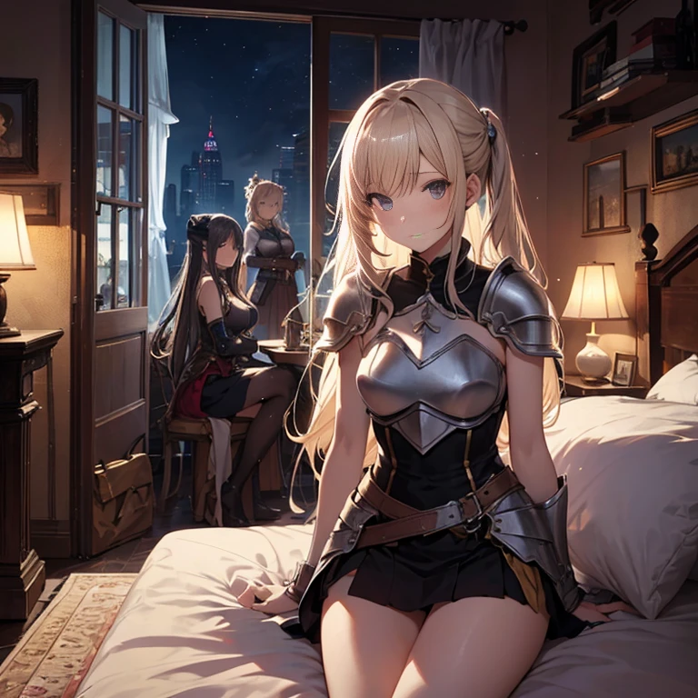 A group of  female medieval fantasy adventurers, (in bedroom), various hair styles, harem, night, details face, short skirt, seducing, sleeveless, armor 