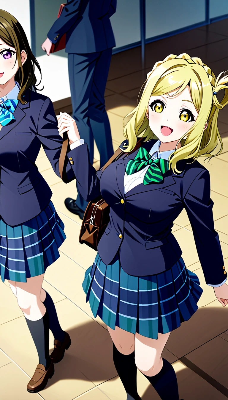 ohara mari, love live! sunshine!, hair rings, blonde hair, yellow eyes, crown braid, medium hair, large breasts , otonokizaka ,winter uniform, green striped bow tie, navy blue blazer, blue striped skirt, closed mouth,walking on school floor,holding a school bag,from above :d, knee high socks, (1girl), (solo),BREAK score_9, score_8_up, score_7_up, score_6_up, source_anime